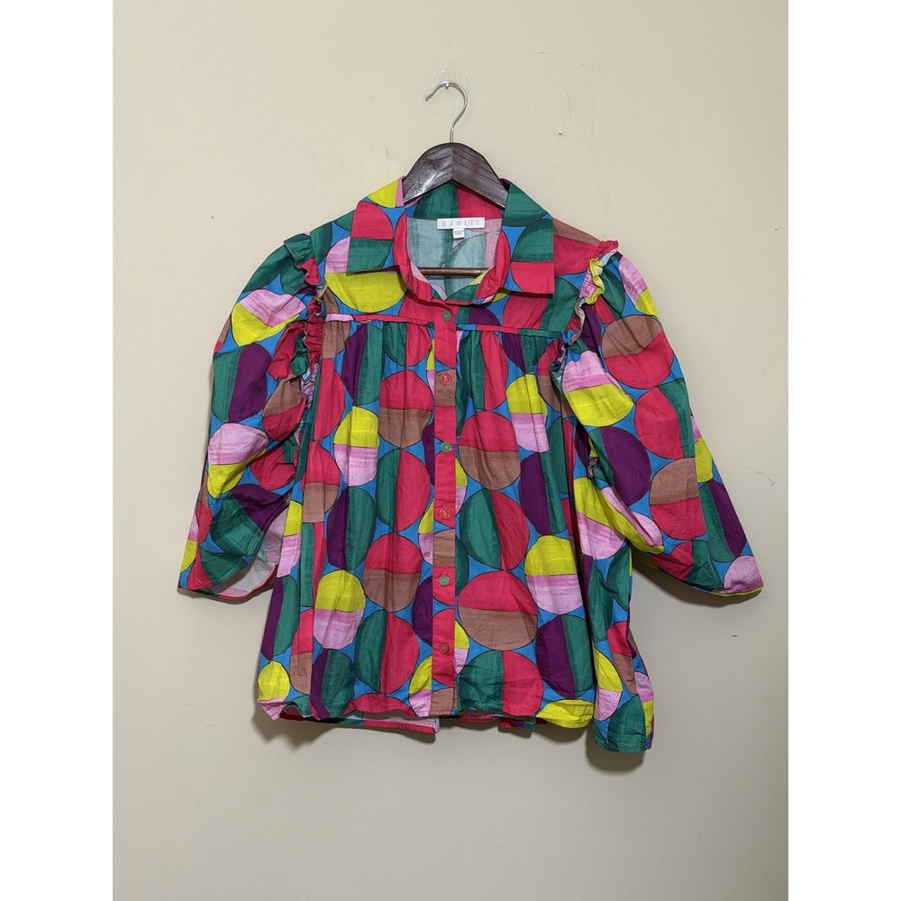 KARLIE GEOMETRIC VIBRANT COLORFUL Print Balloon Sleeve Size LARGE